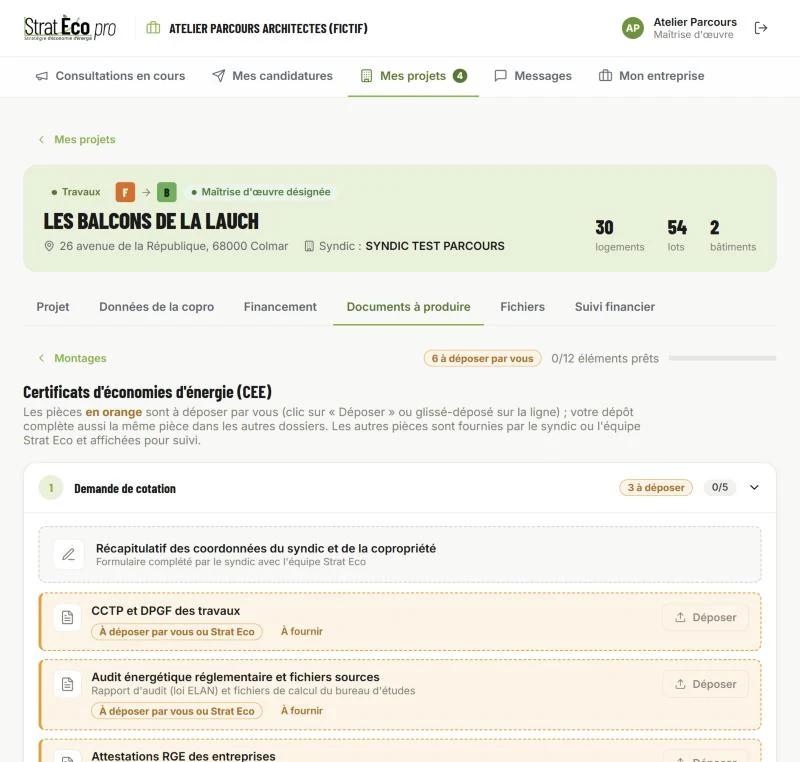 Documents à produire pour les CEE : pièces revenant à la maîtrise d'œuvre signalées en orange