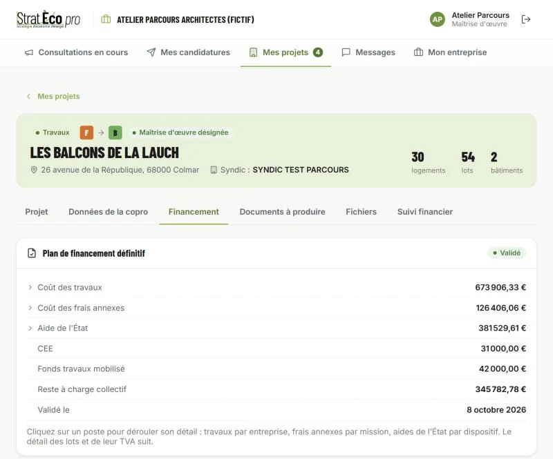 Onglet Financement : plan de financement définitif validé, coût des travaux, aides et reste à charge