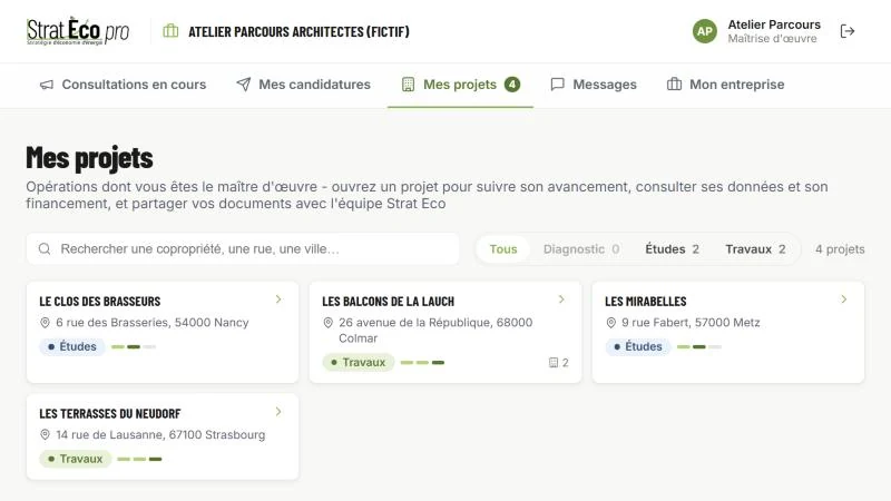Rubrique Mes projets de l'espace d'un maître d'œuvre