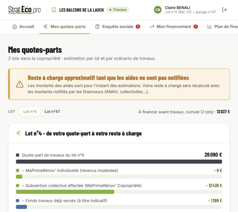 Rubrique Mes quotes-parts : quote-part de travaux, subvention collective et reste à financer pour un lot