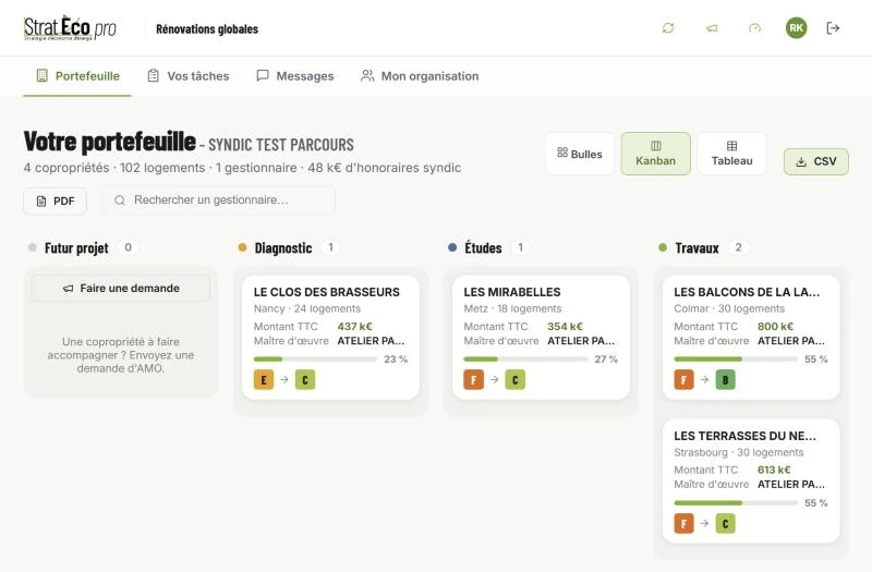Portefeuille des rénovations en kanban : copropriétés par phase avec montant des travaux et avancement