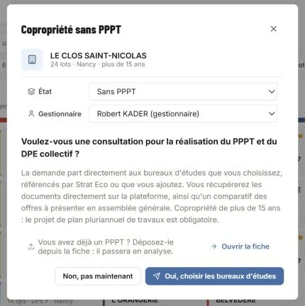 Fenêtre de consultation PPPT et DPE collectif pour une copropriété sans PPPT
